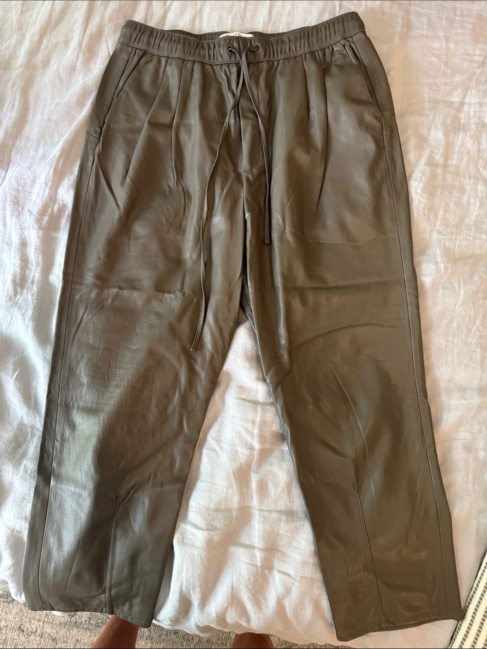 Women’s Olive Drawstring Leather-Feel Pants